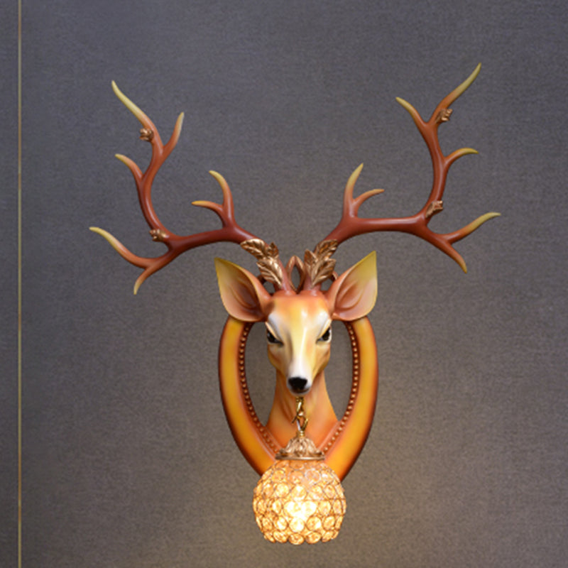 Dome Wall Light Fixture Traditional Metal and Crystal 1 Light Brown/White Sconce Light with Deer Decoration