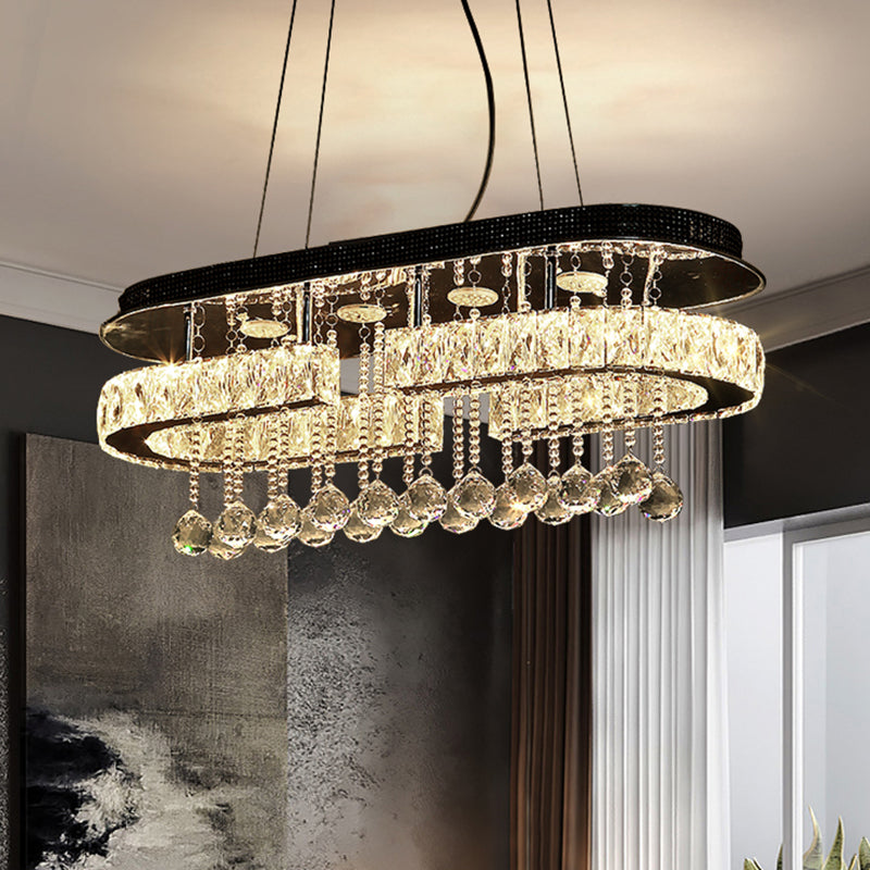 Stainless Steel Oblong Island Light Modern LED Crystal Pendant Lighting Fixture with Ball Tassel