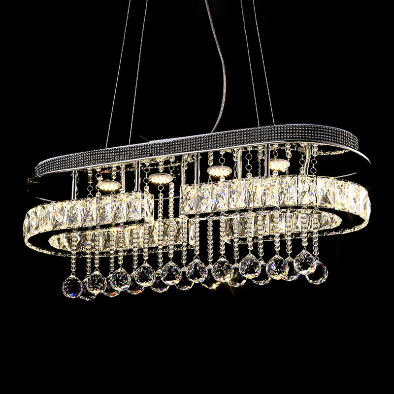 Stainless Steel Oblong Island Light Modern LED Crystal Pendant Lighting Fixture with Ball Tassel