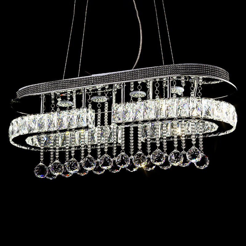 Stainless Steel Oblong Island Light Modern LED Crystal Pendant Lighting Fixture with Ball Tassel