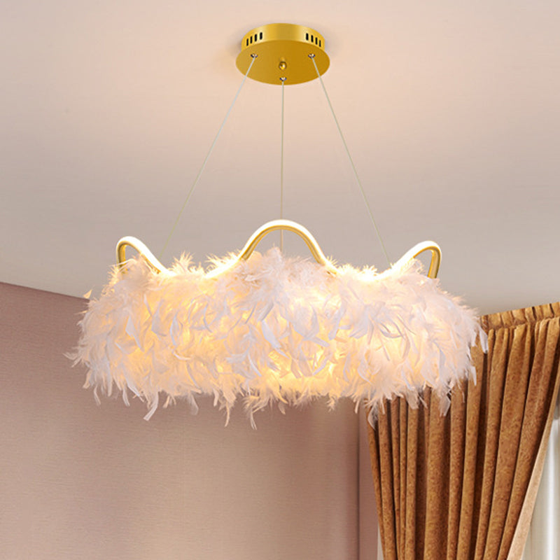 Crown Shaped LED Chandelier Minimalist Feather White Hanging Light for Kids Bedroom