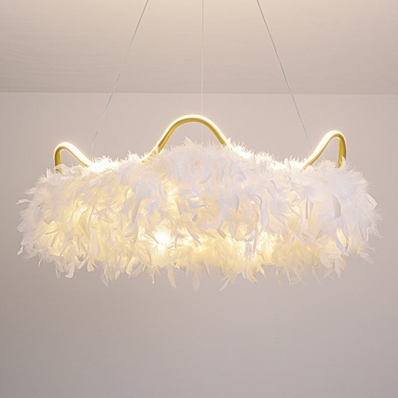 Crown Shaped LED Chandelier Minimalist Feather White Hanging Light for Kids Bedroom