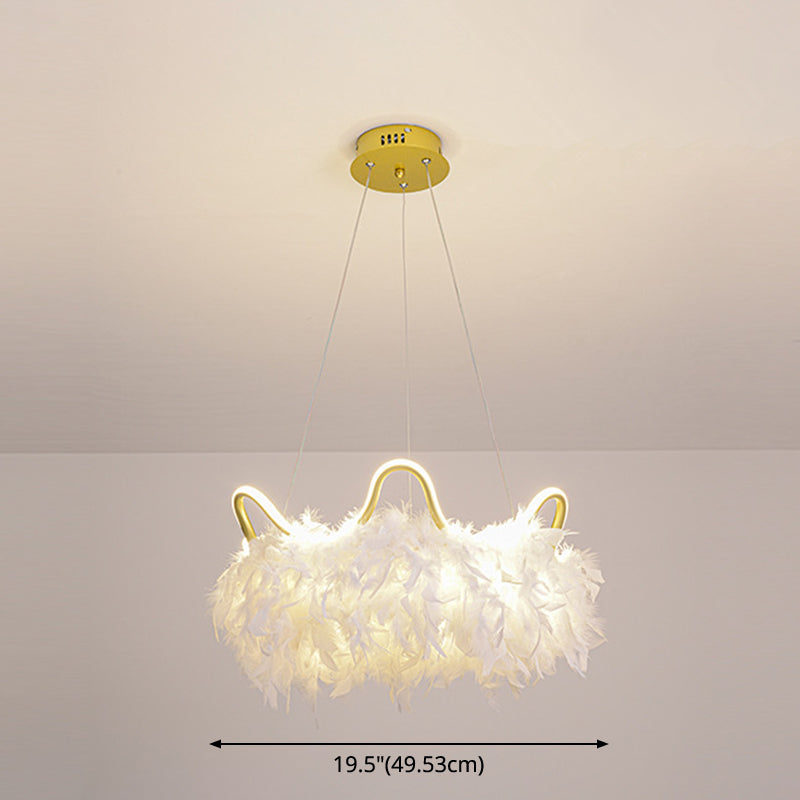 Crown Shaped LED Chandelier Minimalist Feather White Hanging Light for Kids Bedroom