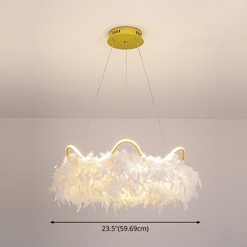 Crown Shaped LED Chandelier Minimalist Feather White Hanging Light for Kids Bedroom