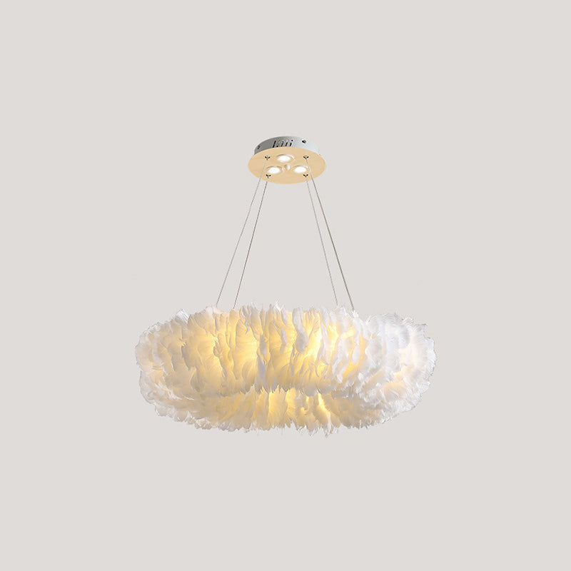 White Doughnut Chandelier Lamp Minimalist Feather Loop Pendant Lighting Fixture