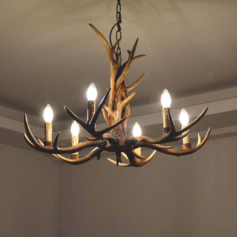 Fake Antler Chandelier Lighting Rustic Brown Resin Ceiling Light with Candle Design
