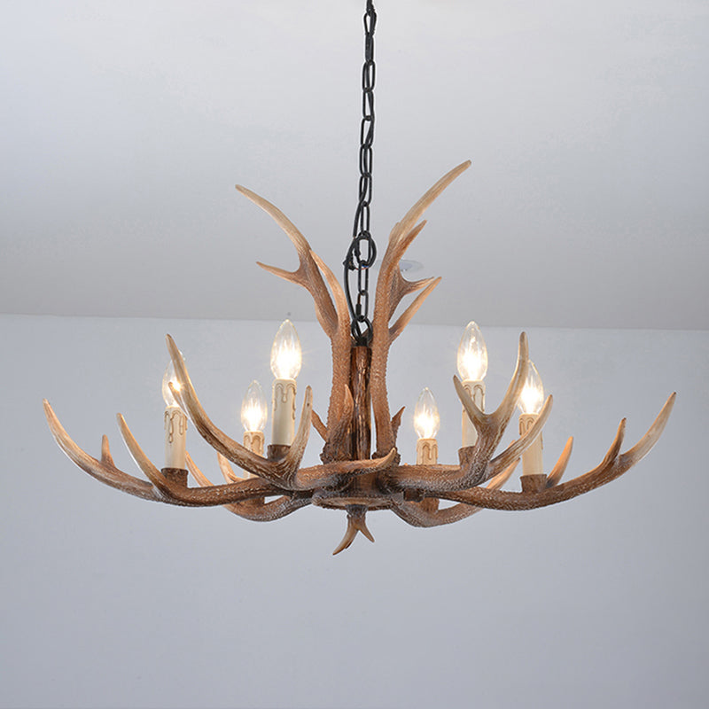 Fake Antler Chandelier Lighting Rustic Brown Resin Ceiling Light with Candle Design