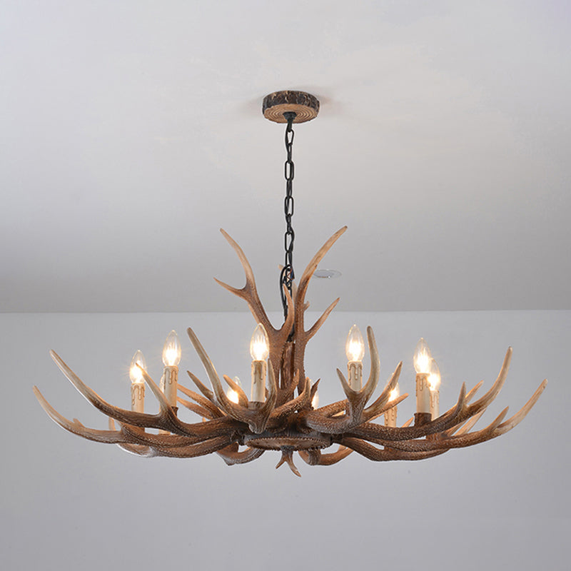 Fake Antler Chandelier Lighting Rustic Brown Resin Ceiling Light with Candle Design