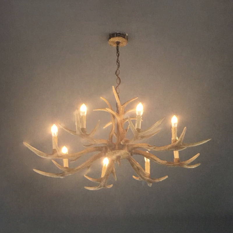 Fake Antler Chandelier Lighting Rustic Brown Resin Ceiling Light with Candle Design