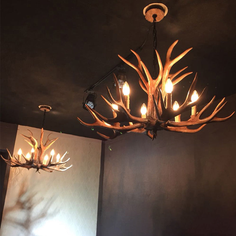 Fake Antler Chandelier Lighting Rustic Brown Resin Ceiling Light with Candle Design