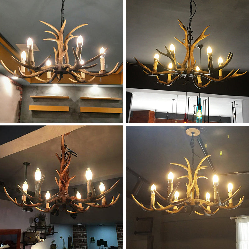 Fake Antler Chandelier Lighting Rustic Brown Resin Ceiling Light with Candle Design