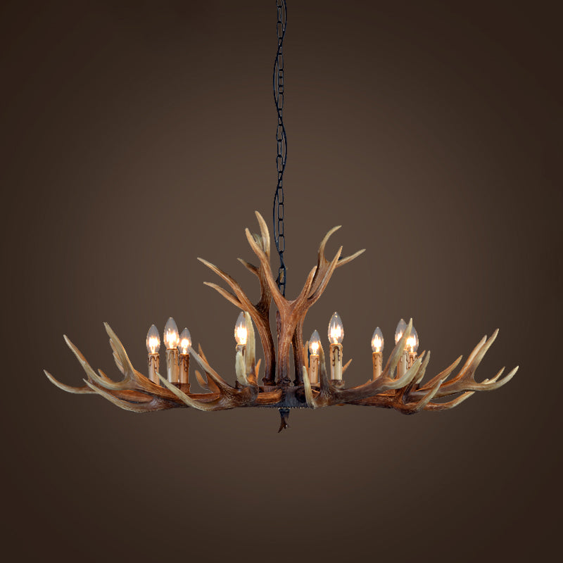 Fake Antler Chandelier Lighting Rustic Brown Resin Ceiling Light with Candle Design