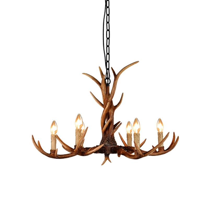 Fake Antler Chandelier Lighting Rustic Brown Resin Ceiling Light with Candle Design
