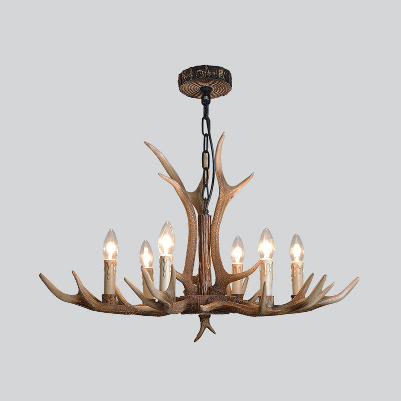Fake Antler Chandelier Lighting Rustic Brown Resin Ceiling Light with Candle Design