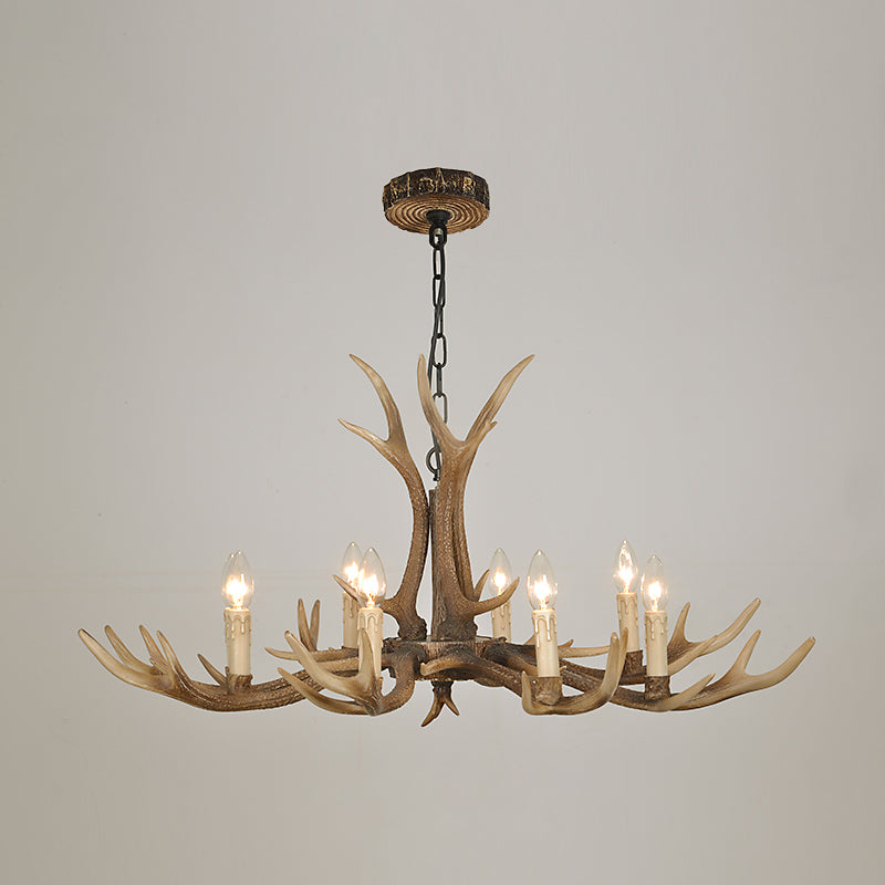 Fake Antler Chandelier Lighting Rustic Brown Resin Ceiling Light with Candle Design