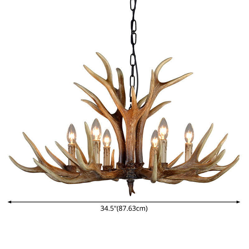 Fake Antler Chandelier Lighting Rustic Brown Resin Ceiling Light with Candle Design
