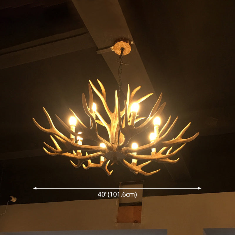 Fake Antler Chandelier Lighting Rustic Brown Resin Ceiling Light with Candle Design