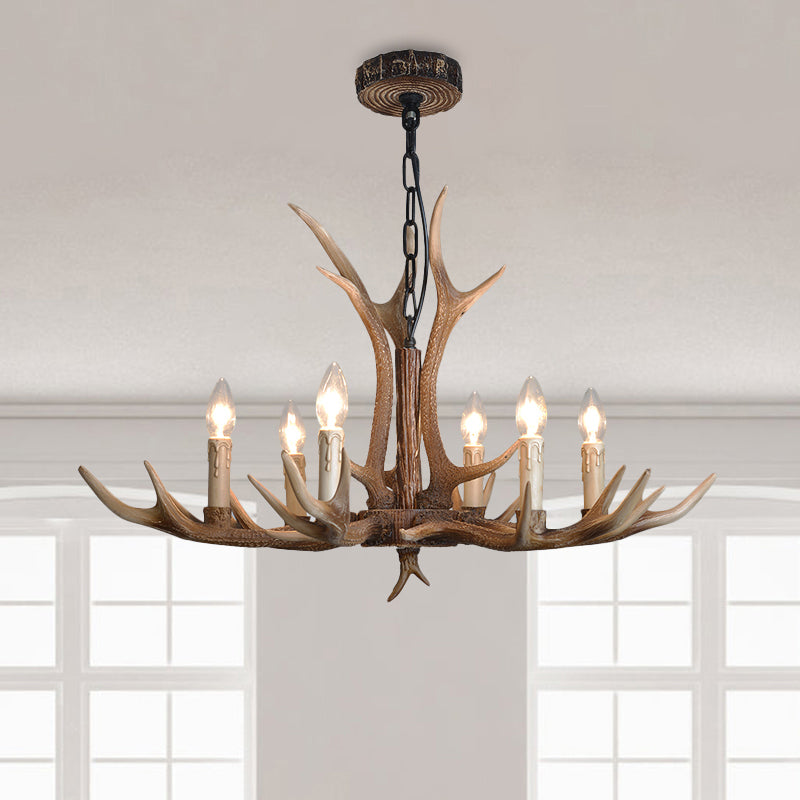 Fake Antler Chandelier Lighting Rustic Brown Resin Ceiling Light with Candle Design