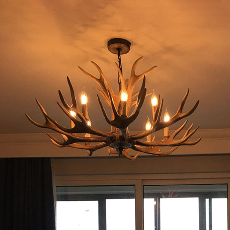 Fake Antler Chandelier Lighting Rustic Brown Resin Ceiling Light with Candle Design