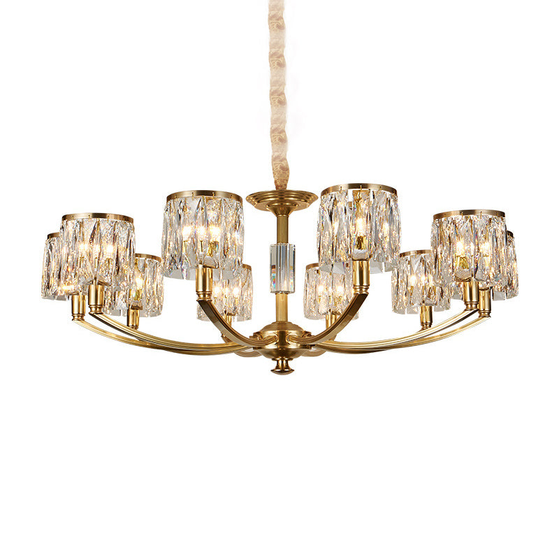 Brass Arced Arm Hanging Lamp Modern Metal Chandelier with Prismatic Crystal Shade