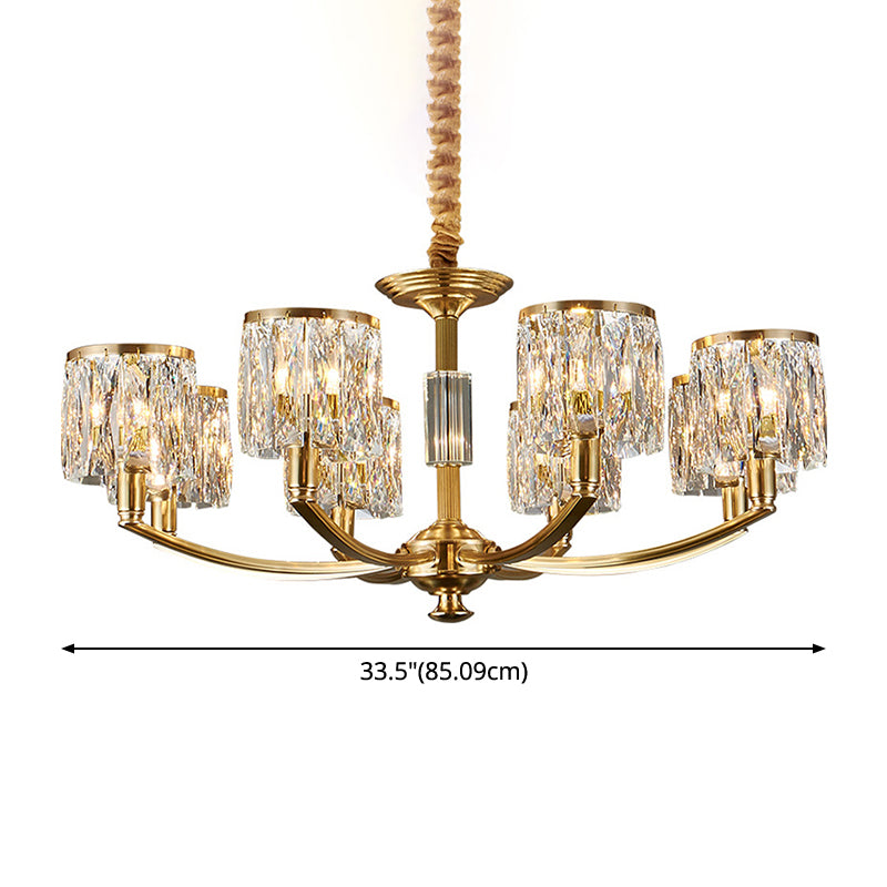 Brass Arced Arm Hanging Lamp Modern Metal Chandelier with Prismatic Crystal Shade