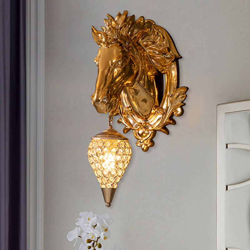 Brass Horse Sconce Light Vintage 1 Light Resin Wall Mount Light with Ice Cream Metal and Crystal Shade, 9.5"/12" Wide