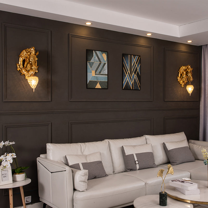 Brass Horse Sconce Light Vintage 1 Light Resin Wall Mount Light with Ice Cream Metal and Crystal Shade, 9.5"/12" Wide