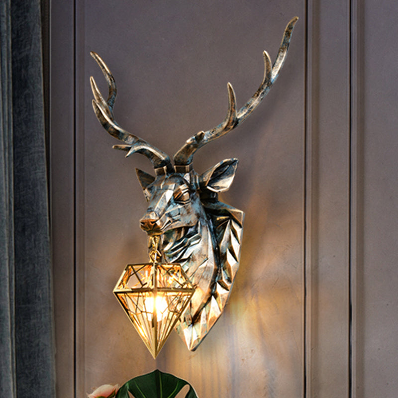 Wandleuchte im Vintage-Stil, Diamant-Messing-Metall-Wandleuchte, 1-flammig, mit Harz-Hirsch-Dekoration, 16"/18,5" breit