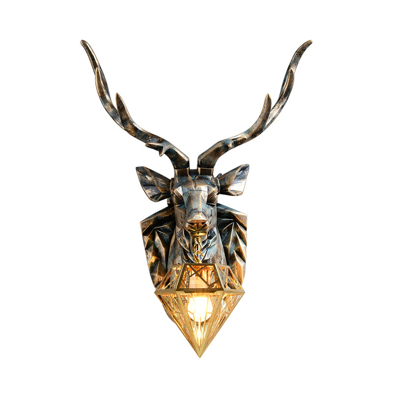 Wandleuchte im Vintage-Stil, Diamant-Messing-Metall-Wandleuchte, 1-flammig, mit Harz-Hirsch-Dekoration, 16"/18,5" breit