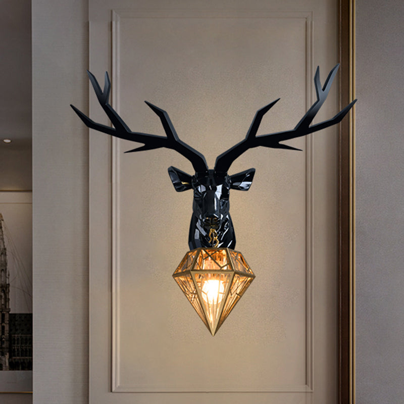 Resin Deer Wall Light Traditional 14.5"/19.5" Wide 1 Light White/Black Sconce Light with Diamond Metal Shade