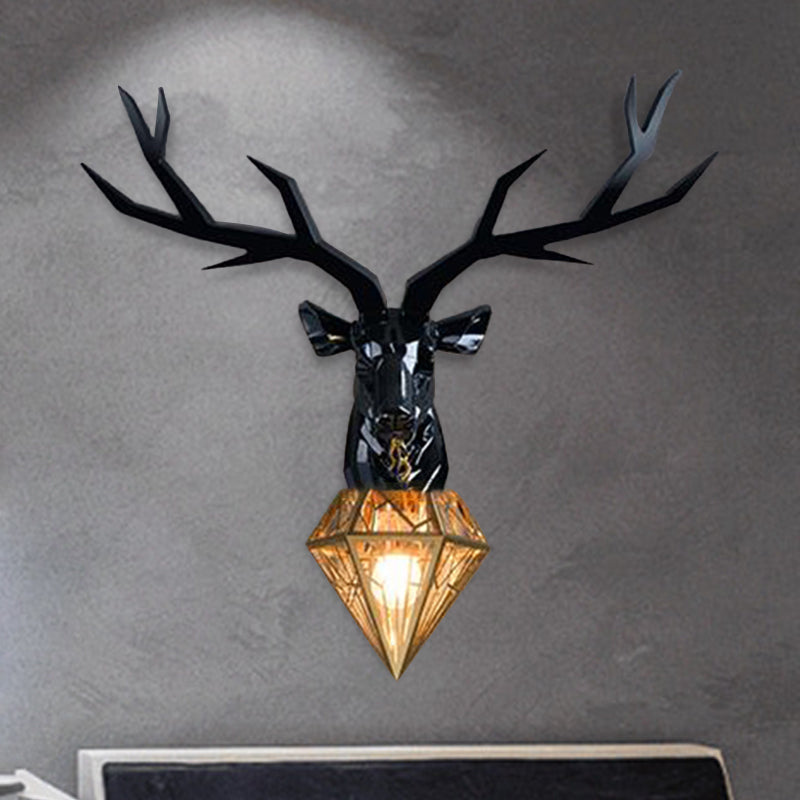 Resin Deer Wall Light Traditional 14.5"/19.5" Wide 1 Light White/Black Sconce Light with Diamond Metal Shade