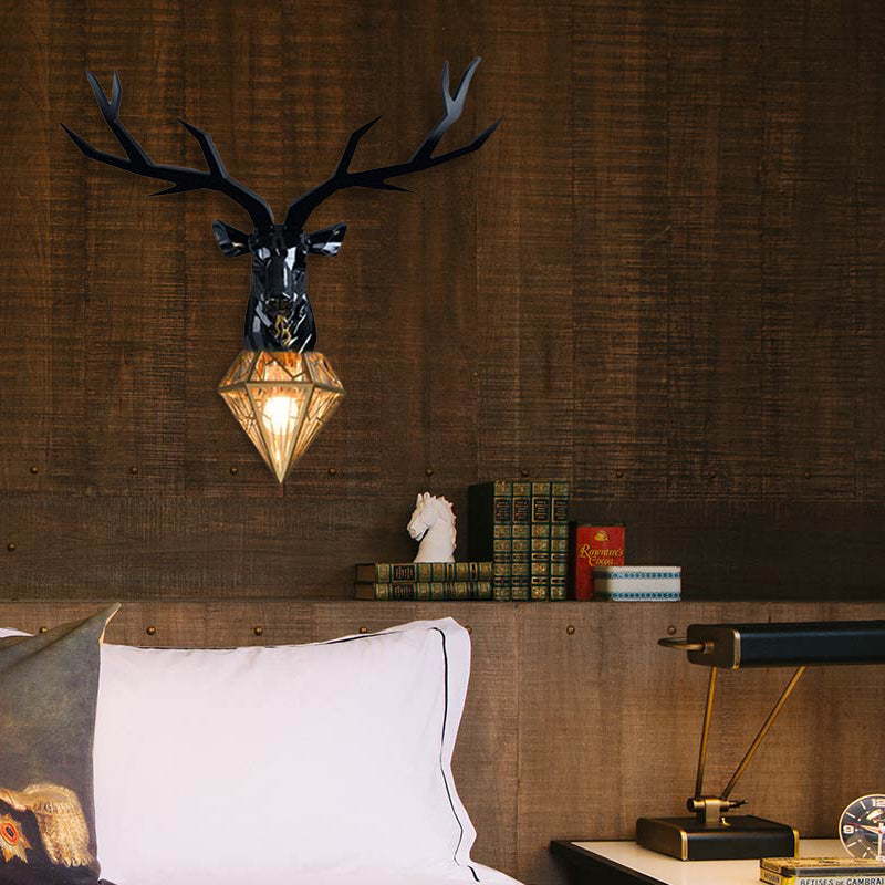 Resin Deer Wall Light Traditional 14.5"/19.5" Wide 1 Light White/Black Sconce Light with Diamond Metal Shade