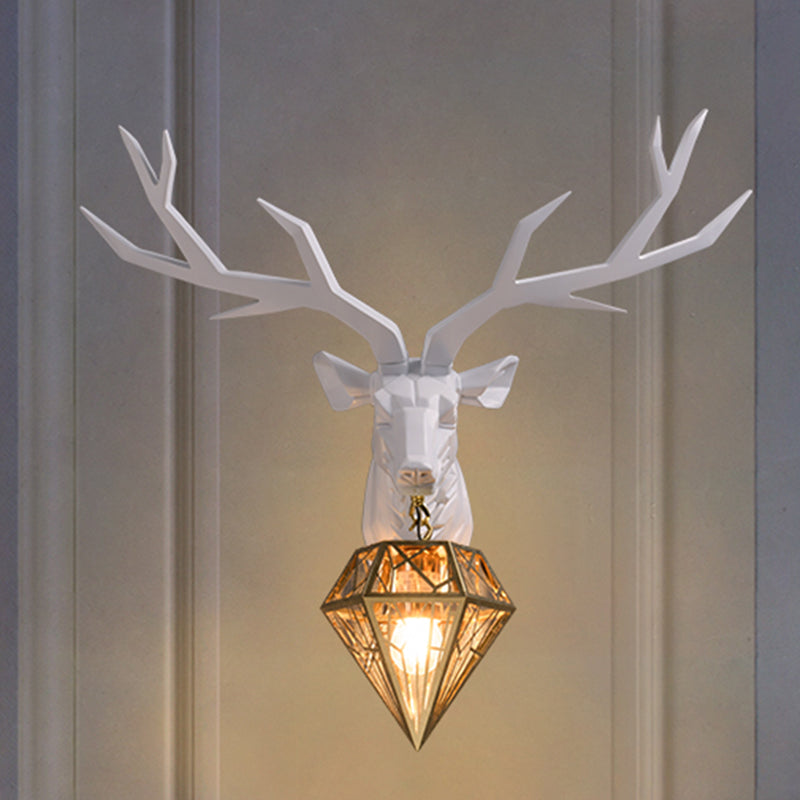 Resin Deer Wall Light Traditional 14.5"/19.5" Wide 1 Light White/Black Sconce Light with Diamond Metal Shade