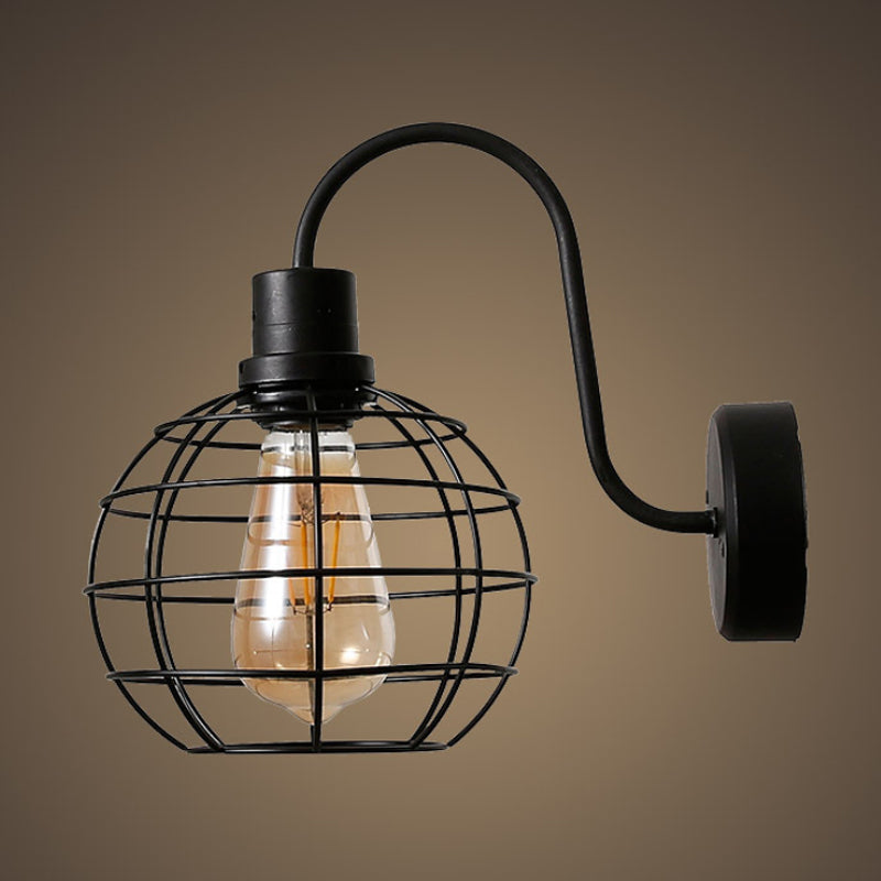 1 Bulb Sconce Lamp Retro Style Wire Global Cage Metal Wall Sconce Light in Black for Living Room