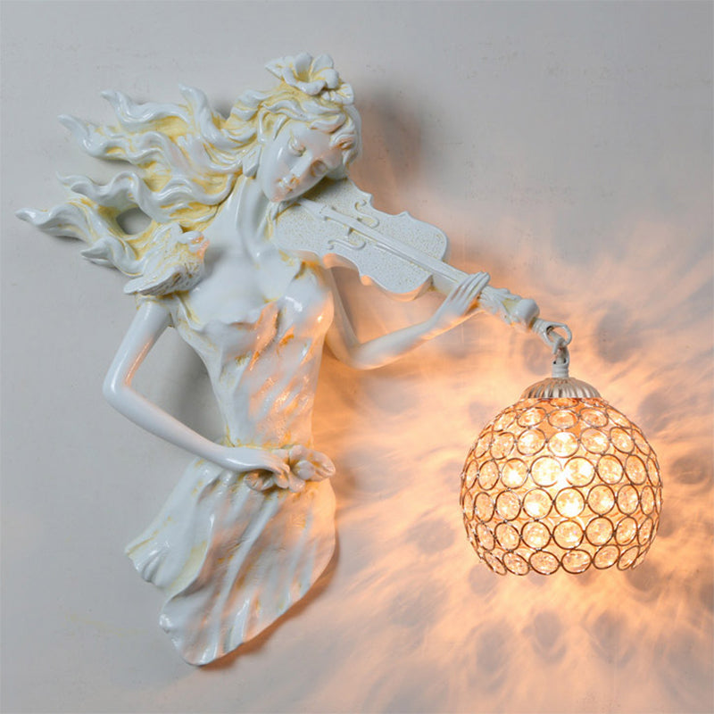 Dome Wall Mount Light Vintage Metal and Crystal 1 Light White/Gold Wall Sconce Light with Girl Decoration