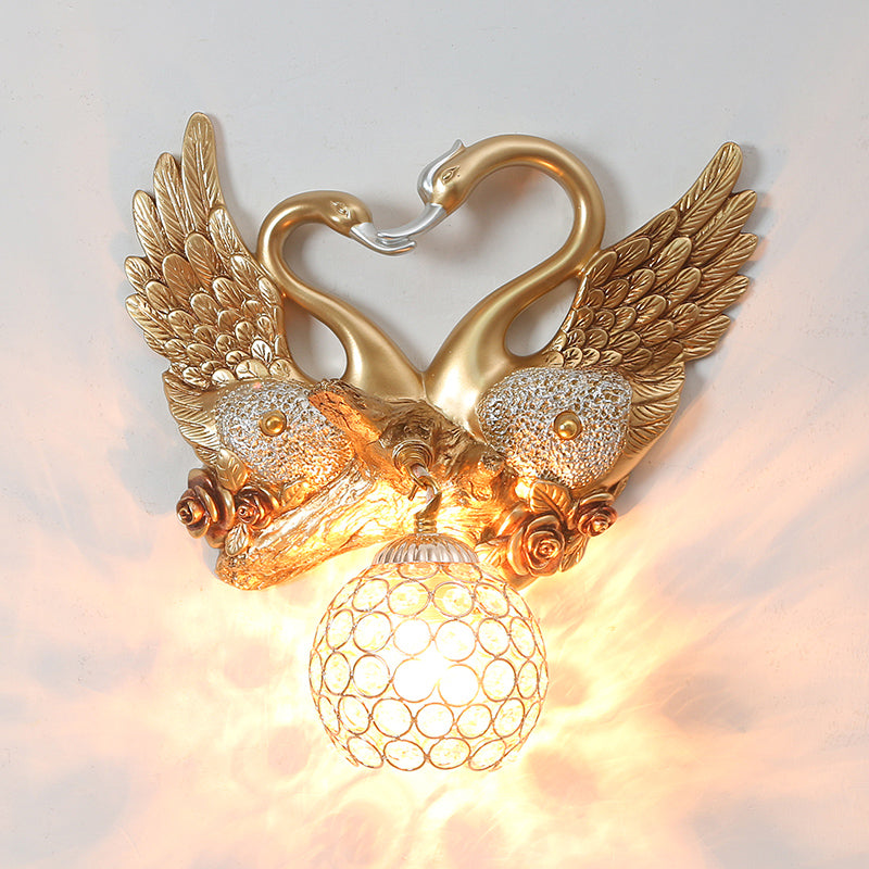 Resin Swan Wall Light Vintage 1 Light Gold Sconce Light with Dome Metal and Crystal Shade