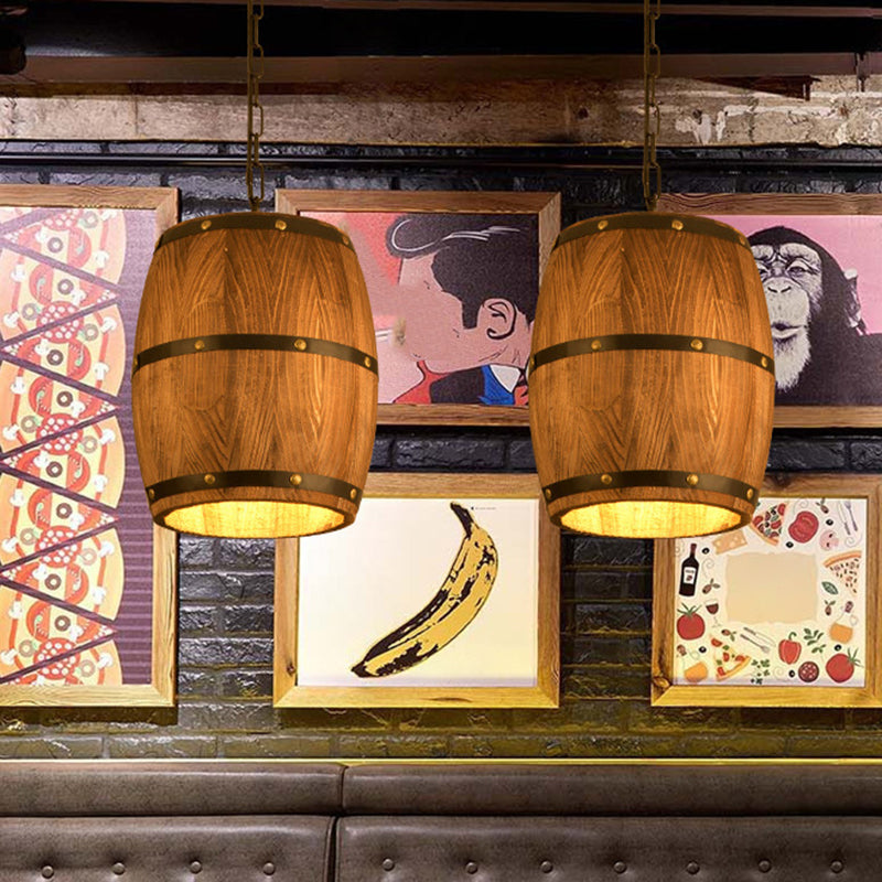 Brown 1 Light Drop Pendant Industrial Wood Bucket Hanging Lights for Bar