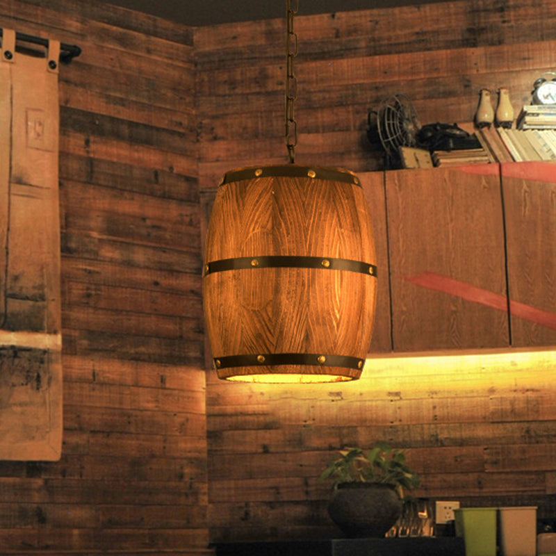 Brown 1 Light Drop Pendant Industrial Wood Bucket Hanging Lights for Bar
