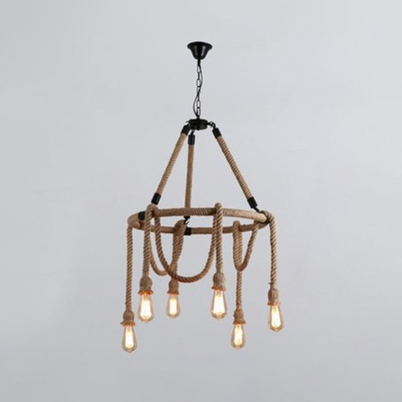 6 Lights Adjustable Rope Chandelier Lighting Fixtures Industrial Beige Hanging Ceiling Light