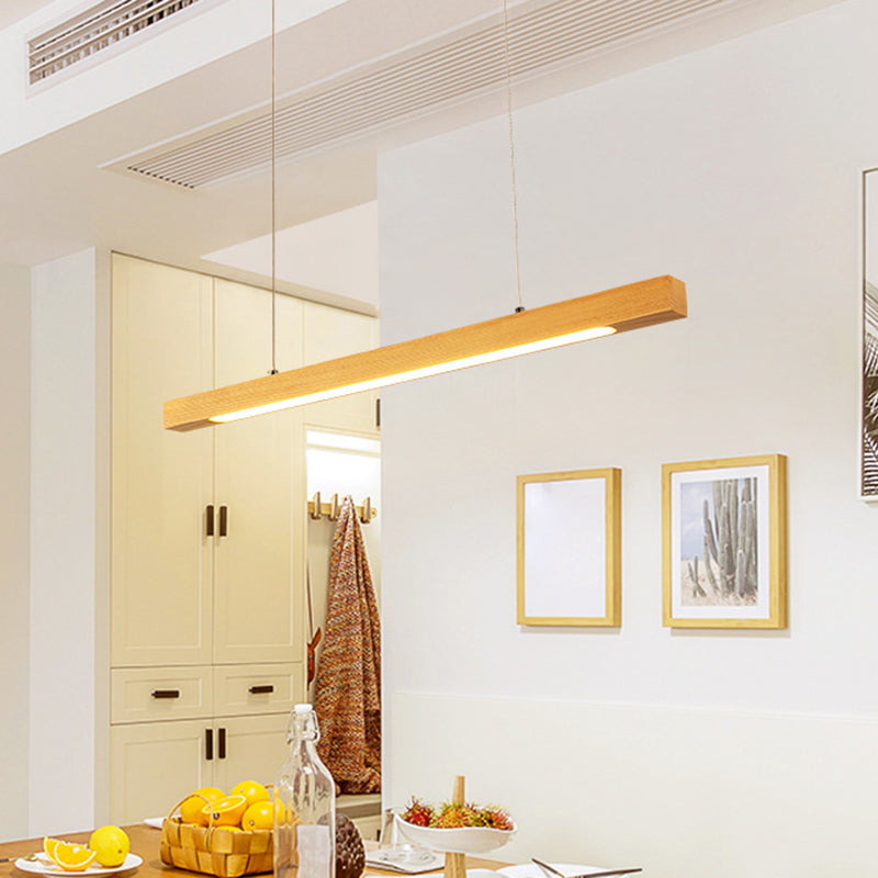 Simple  Linear Island Pendant Light Wood Hanging Lamp in Natural Wood