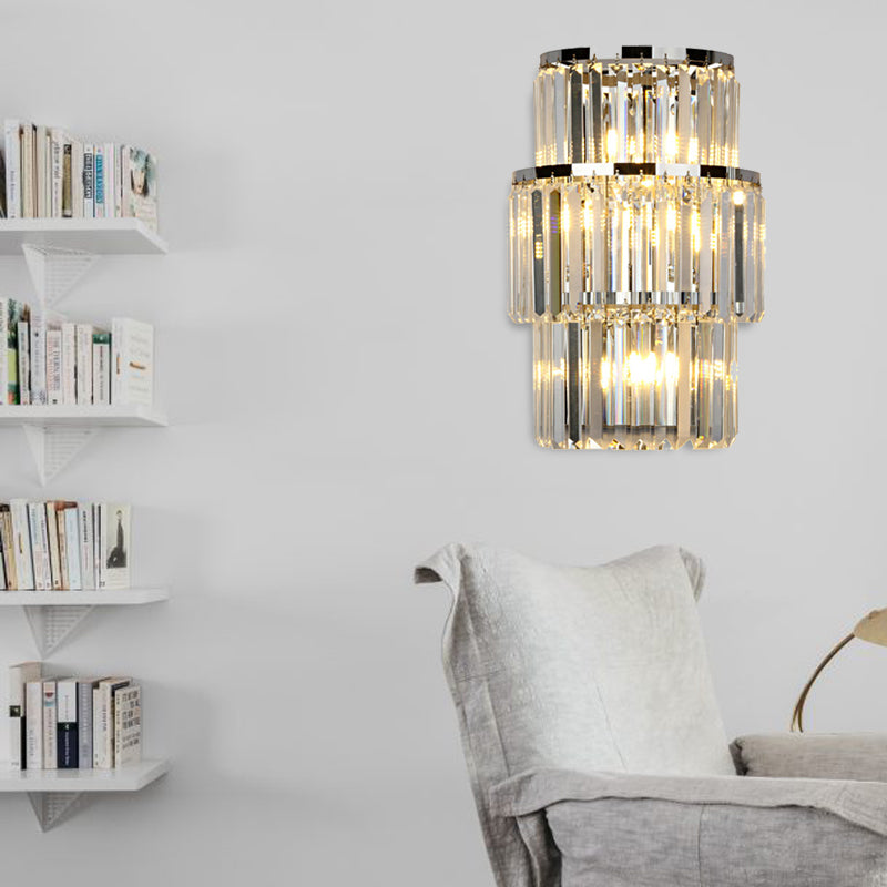 Crystal Block Cylinder Wall Mounted Light Contemporary 3 Lights Silver Sconce Light