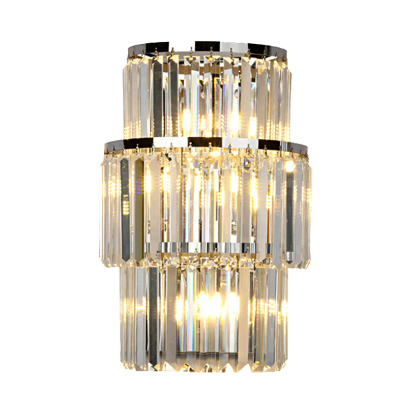 Crystal Block Cylinder Wall Mounted Light Contemporary 3 Lights Silver Sconce Light