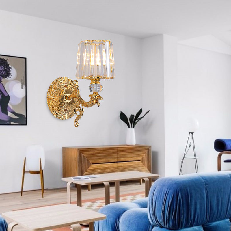 Gold Tapered Wall Light Fixture Modern 1/2 Lights Crystal Block Sconce Light for Bedroom