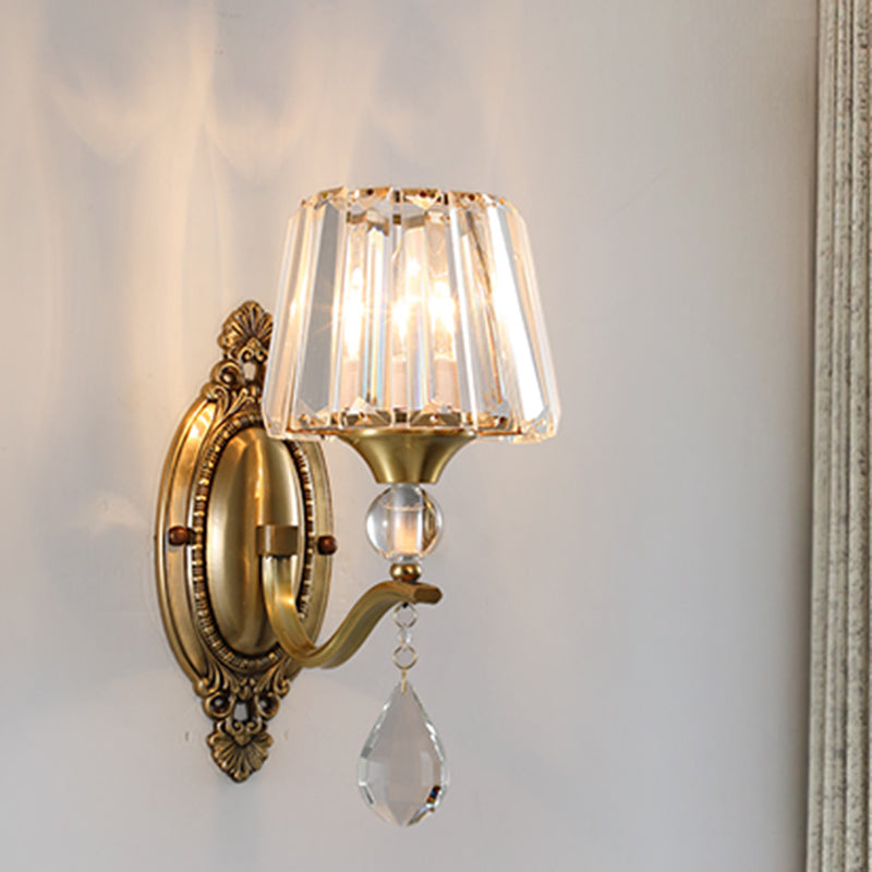 Postmodern Conical Crystal Block Wall Mount Light 1/2 Lights Sconce Light in Brass for Living Room