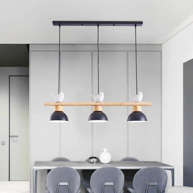 3 Lights Metal Shaded Island Lighting Nordic Style Bowl Wood Pendant