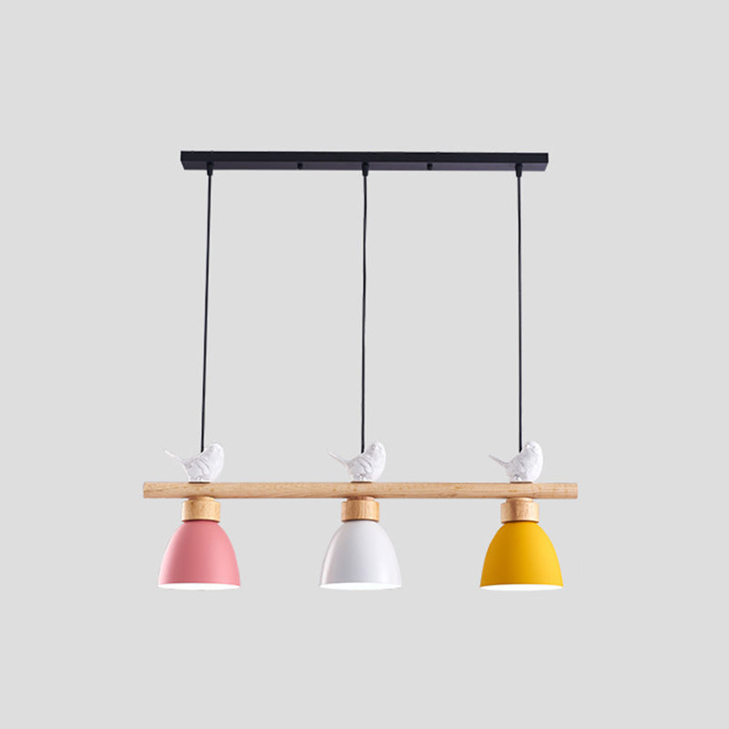 3 Lights Island Pendant Macaron Bowl Metal Pendant with Wood Electric Light Socket