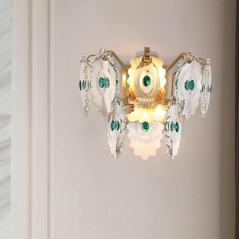 Gear Clear Crystal Wall Mounted Light Postmodern 2 Lights Sconce Light with Green/Gold Gem