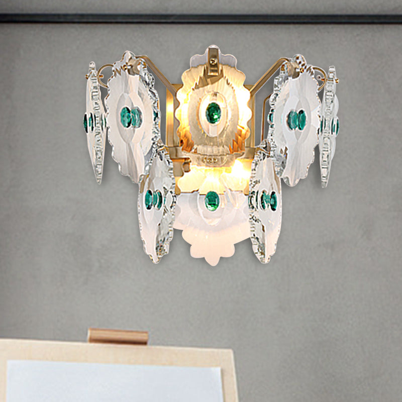 Gear Clear Crystal Wall Mounted Light Postmodern 2 Lights Sconce Light with Green/Gold Gem