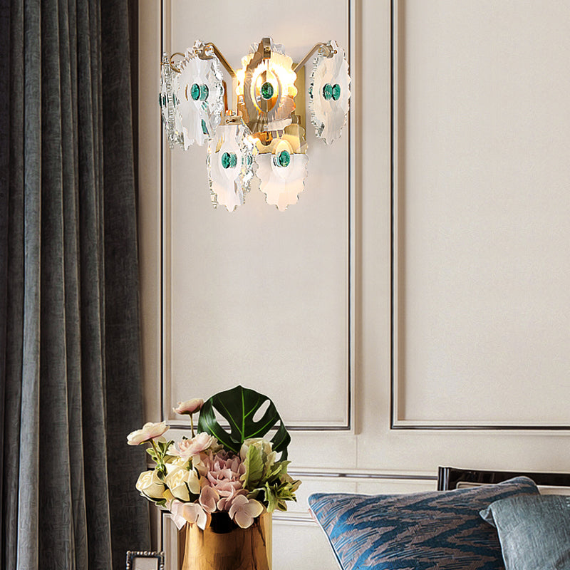 Gear Clear Crystal Wall Mounted Light Postmodern 2 Lights Sconce Light with Green/Gold Gem