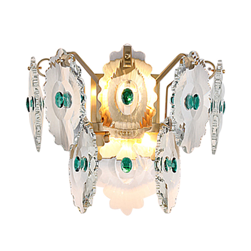 Gear Clear Crystal Wall Mounted Light Postmodern 2 Lights Sconce Light with Green/Gold Gem